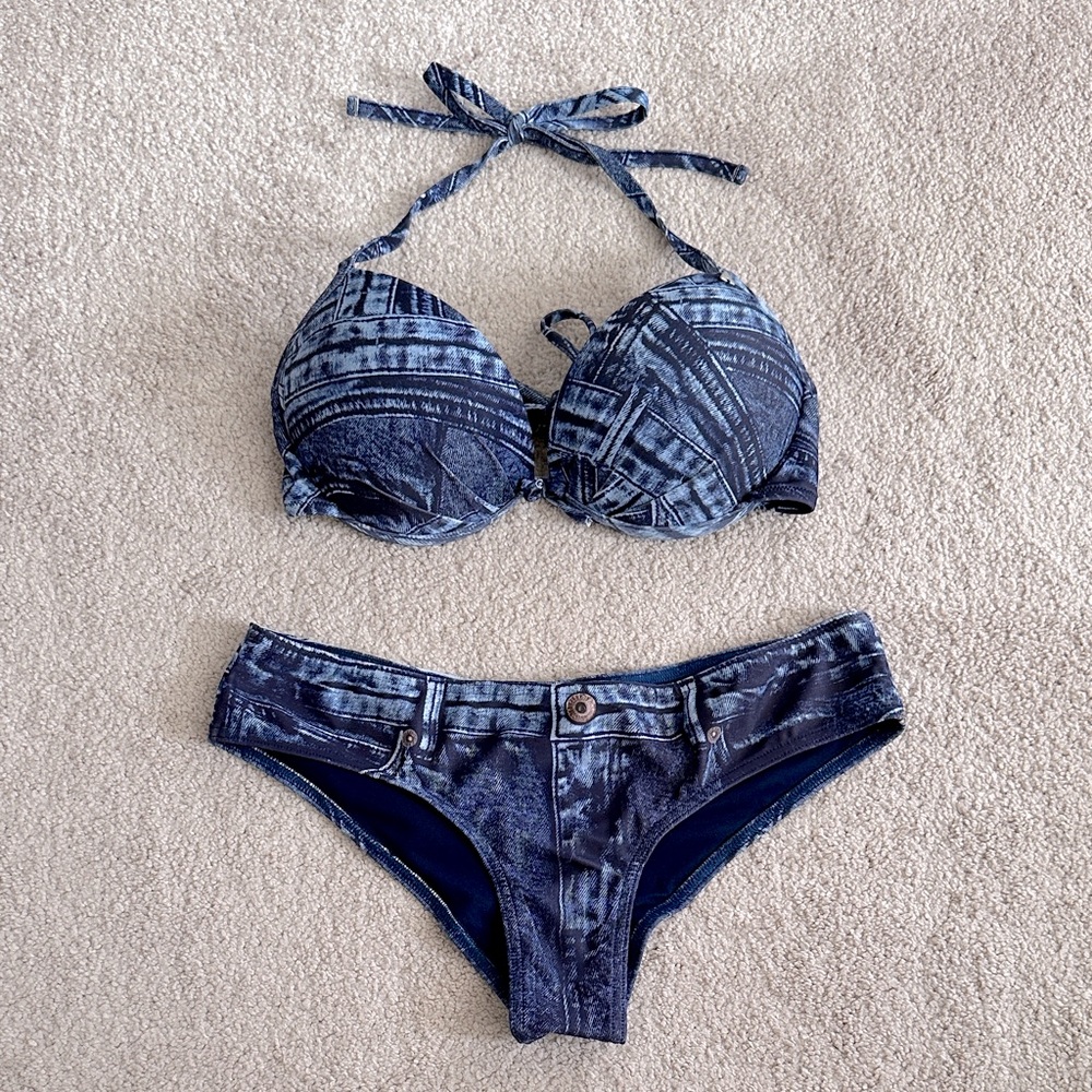 Guess Denim Print Padded Bikini Set